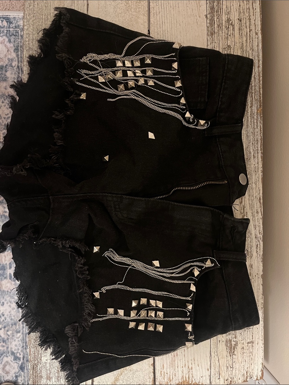 Black Studded Fringe Denim Shorts